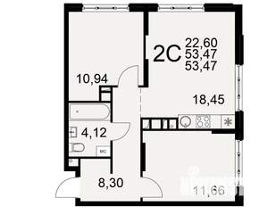 2-к квартира, вторичка, 53м2, 2/22 этаж