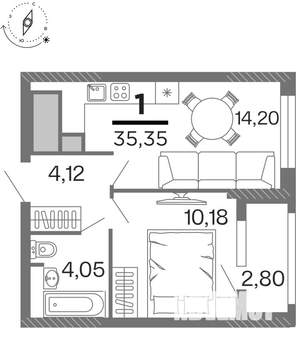 1-к квартира, строящийся дом, 35м2, 12/15 этаж