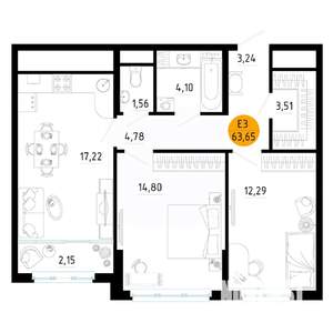2-к квартира, вторичка, 64м2, 17/25 этаж