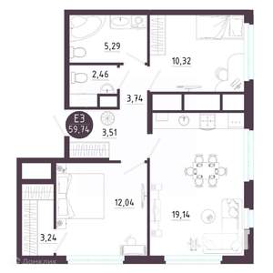 2-к квартира, вторичка, 60м2, 4/19 этаж