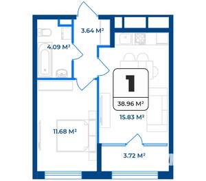 1-к квартира, строящийся дом, 39м2, 6/9 этаж