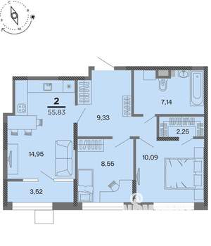 2-к квартира, вторичка, 56м2, 14/22 этаж