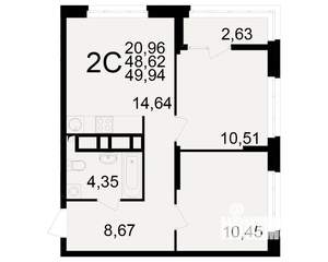 2-к квартира, вторичка, 49м2, 22/25 этаж