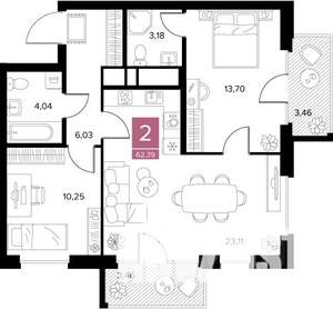 2-к квартира, вторичка, 62м2, 6/9 этаж