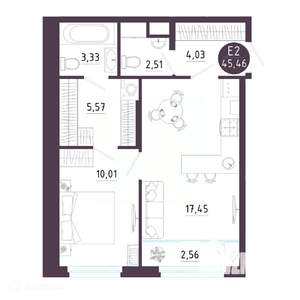 1-к квартира, вторичка, 45м2, 4/19 этаж