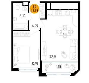 1-к квартира, вторичка, 44м2, 13/25 этаж