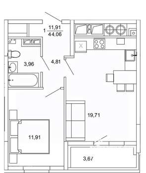 1-к квартира, вторичка, 44м2, 2/26 этаж