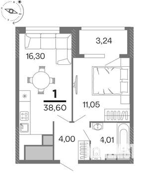 1-к квартира, строящийся дом, 39м2, 12/15 этаж