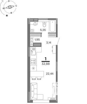 1-к квартира, вторичка, 33м2, 13/25 этаж