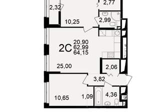 2-к квартира, вторичка, 64м2, 12/25 этаж