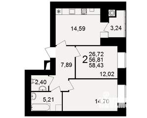 2-к квартира, вторичка, 57м2, 1/15 этаж