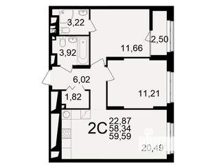 2-к квартира, вторичка, 58м2, 7/25 этаж
