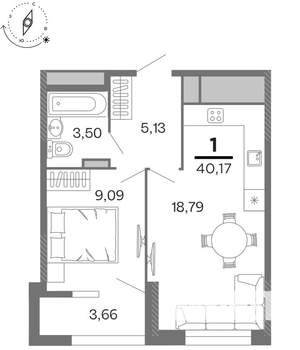 1-к квартира, строящийся дом, 40м2, 14/15 этаж