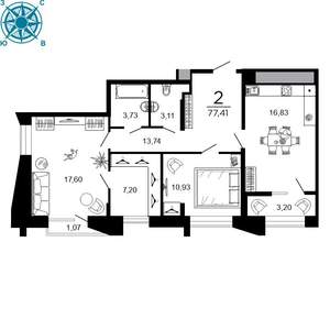 2-к квартира, вторичка, 77м2, 6/19 этаж
