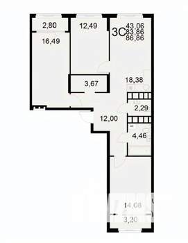 3-к квартира, вторичка, 87м2, 4/22 этаж