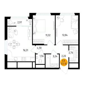 2-к квартира, вторичка, 57м2, 23/25 этаж