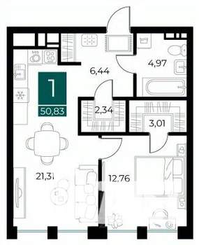 1-к квартира, вторичка, 51м2, 4/13 этаж