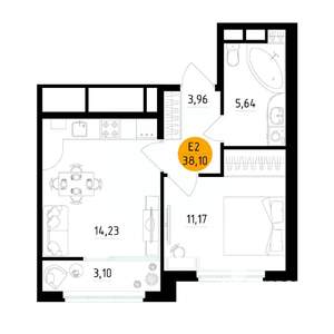 1-к квартира, вторичка, 38м2, 22/25 этаж