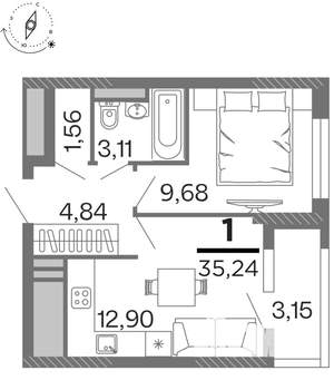 1-к квартира, строящийся дом, 35м2, 11/15 этаж
