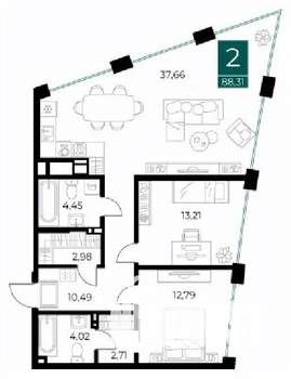 2-к квартира, вторичка, 88м2, 5/14 этаж