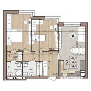 2-к квартира, строящийся дом, 65м2, 6/25 этаж