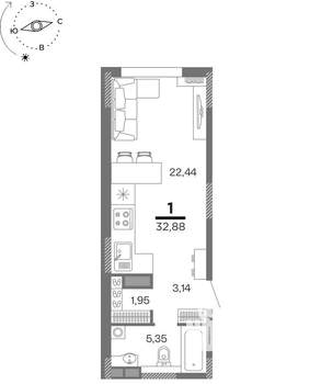 1-к квартира, вторичка, 33м2, 13/25 этаж